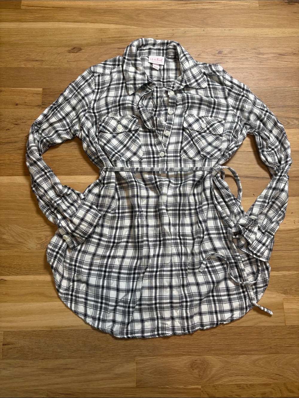 Isabel Maternity 1/4 Button-Down Black & White Plaid Blouse with Tie Waist